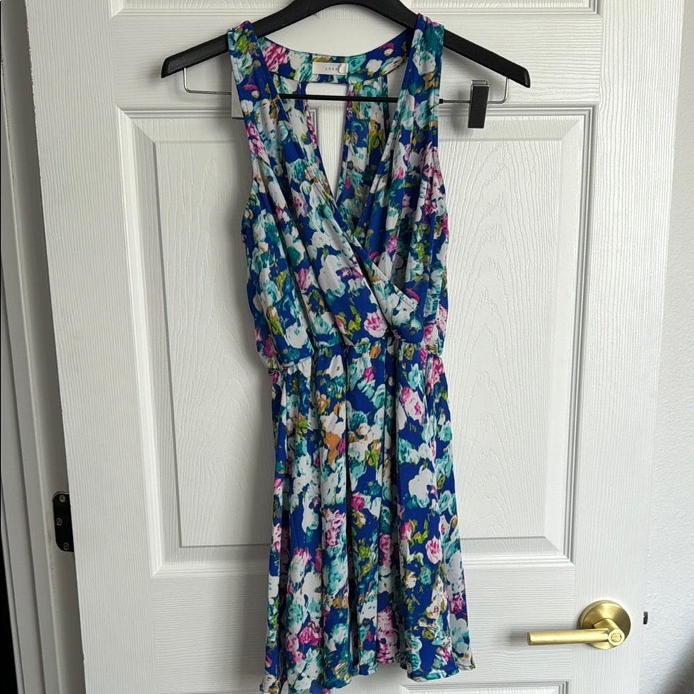 Blue Floral Sleeveless Dress V Neck Cross Keyhole Back